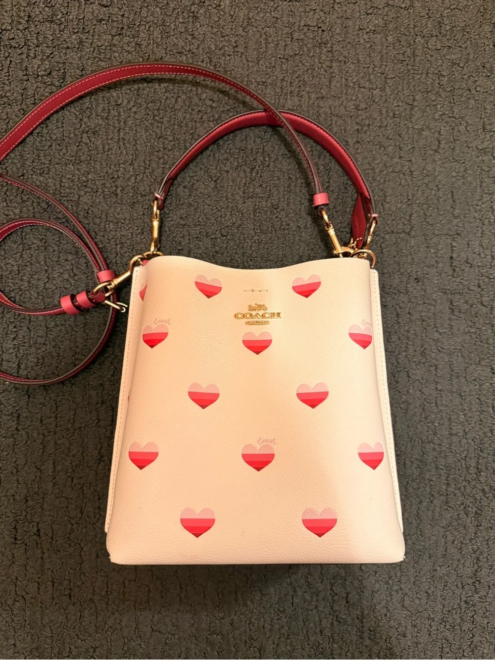 Coach Pink Heart Print Crossbody Bag with Red Trim